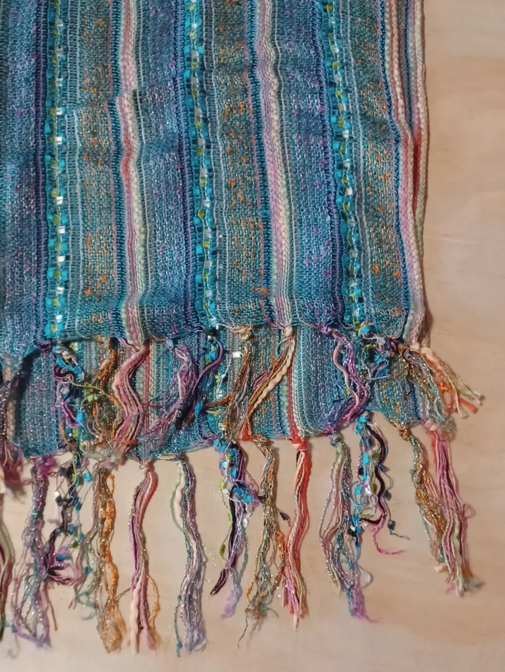 Boho Striped Fringe Scarf Shawl Wrap 72×20 Textured Open Knit Blue Pink Sparkle